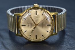 A gold plated Omega Geneve wristwatch, the golden dial having baton five minuet markers, the 601