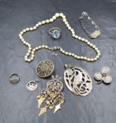 A collection of silver and white metal jewellery, including a single row of cultured pearls, two