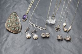 An assortment of silver jewellery, including cubic zirconia set cluster stud earrings, pearl and
