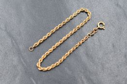 A 9ct gold rope chain bracelet, approx 180mm & 1.4g