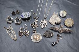 An assortment of silver jewellery, including a marcasite set R.A.F sweetheart brooch, marcasite