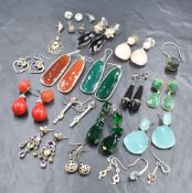 A selection of silver and white metal earrings of various designs including several pairs from The