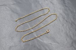 A yellow metal presumed gold fine belcher link chain, 2.3g