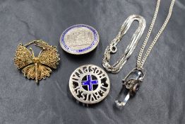 Three pieces of silver jewellery including two nursing brooches and a silver box chain, a white