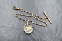 A yellow metal watch chain marked 9C having rolled gold T bar and silver mounted Victorian diamond
