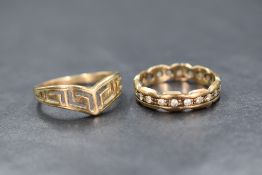 A 9ct gold wish bone ring having Grecian open decoration, size R & a 9ct gold cubic zirconia set