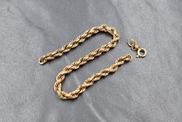 A 9ct gold broken rope link bracelet, marked 375, 2.7g. Broken clasp present