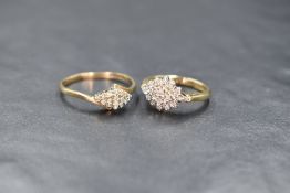 A 9ct gold diamond set cluster ring, the central quatrefoil within a lozenge motif setting, marked