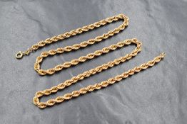 A 9ct gold rope link chain, having a spring clasp, marked 375, 51cm, 7.7g. Clasp slightly damaged