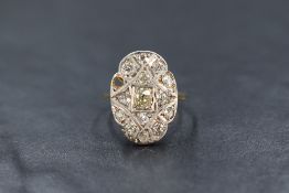 A yellow metal diamond plaque ring having 14 old cut diamonds, total approx 1ct (1 stone missing) in
