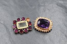 An 18th century yellow metal garnet and seed pearl set mourning brooch, of rectnagular form having a
