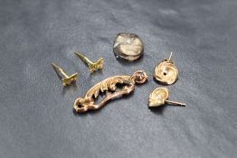 A small assortment of gold and yellow metal, comprising a pair of 9ct gold butterfly stud earrings