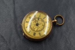 A 9ct gold open face key wound pocket watch, the golden dial having Roman numerals and floral