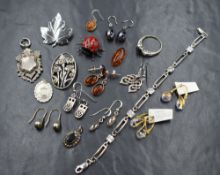 A small selection of silver and white metal jewellery, including ladybird brooch, Baltic amber