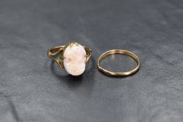 A 9ct gold wedding band of thin form, size N & a 9ct gold cameo ring depicting a maiden in