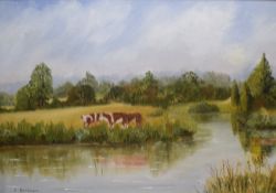 C. Balkham (20th Century) Oil on board 'Quiet Waters - Kent', a pastoral river scene with cattle,