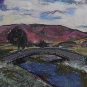 Nelsonn (British Contemporary) Oil pastel, a mountainous landscape with river and stone bridge,