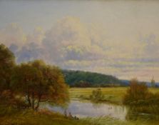 Andrew Grant Kurtis (British Contemporary) Oil on canvas 'Distant Windmill', an Autumnal river scene