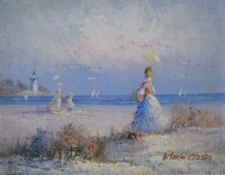 Marie Charlot (20th Century) Impressionistic oil on canvas, depicting 19th Century women on a beach,