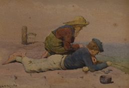 John H E Partington (British 1843-1899) Watercolour, depicting a pair of young boys fishing,