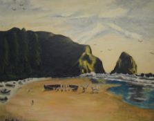 Rusk (British 20th Century) Oil on board, a coastal landscape with decaying ship wreck, signed and