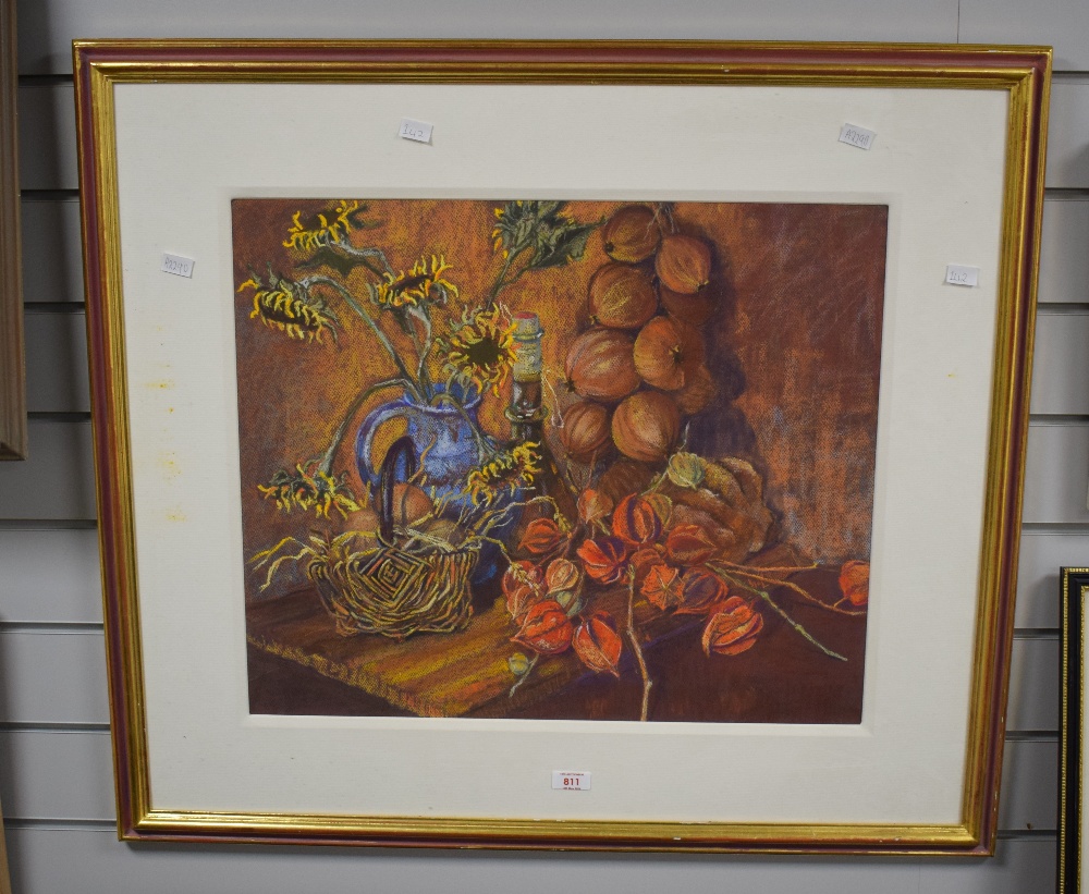 Patricia Turner (British Contemporary) Oil pastel, a harvest still life with sunflowers and drying - Image 2 of 4