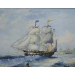 Francia (20th Century) Maritime oil on canvas, depicting historic naval ships at sea, signed lower