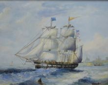 Francia (20th Century) Maritime oil on canvas, depicting historic naval ships at sea, signed lower