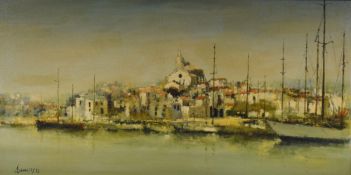 A 20th Century impressionistic oil on canvas, depicting a Mediterranean town harbour, signed