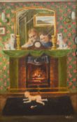 Fred Wilde (British 1910-1986) Oil on canvas, a home interior scene depicting a baby crawling beside