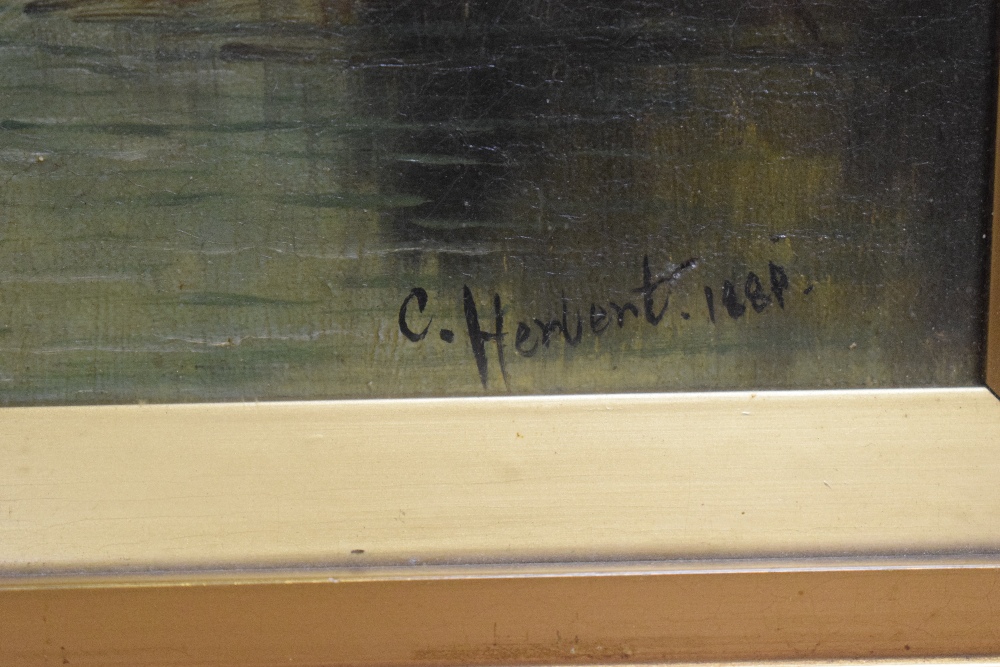 C Herbert (British 19th Century) Oil on canvas, depicting a woodland cabin, figure and pond, - Image 4 of 5