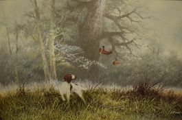 Leiford (British 20th Century) oil on canvas, a woodland hunting scene depicting spaniel and game