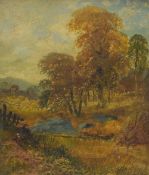 A 19th Century oil on board, an autumnal riverside woodland with figures collecting wood, signed