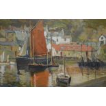 A 20th Century oil on board 'The Red Sail Polperro Harbour', depicting moored sailing boats in the