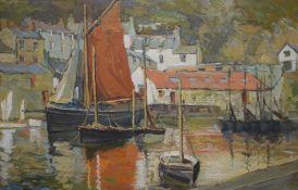 A 20th Century oil on board 'The Red Sail Polperro Harbour', depicting moored sailing boats in the