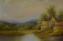 A 20th Century oil on board, a rural landscape with cottage, unsigned or attributed, within gilt