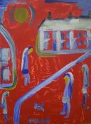 In the manner of James Lawrence Isherwood (British 1917 - 1989) Oil on board, a street scene with