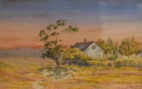 A pair of 20th Century watercolours, rural cottage scenes, within moulded wooden frames, under glass