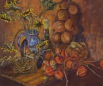 Patricia Turner (British Contemporary) Oil pastel, a harvest still life with sunflowers and drying
