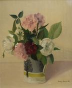 Audrey Johnson (British 1919-2005) Oil on board still life study, a bouquet of pink and white