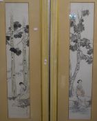 A pair of 20th Century Chinese scroll inspired watercolours, woodland scenes with women in
