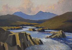Desmond Turner (Irish 1923-2011) Oil on canvas 'River in Snowdon', a mountainous landscape with