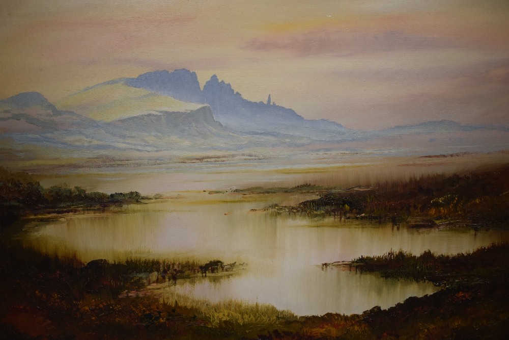 Leslie Lamb (Scottish 20th Century) Oil on canvas 'The Old Man of Storr, Isle of Skye', a - Image 3 of 6