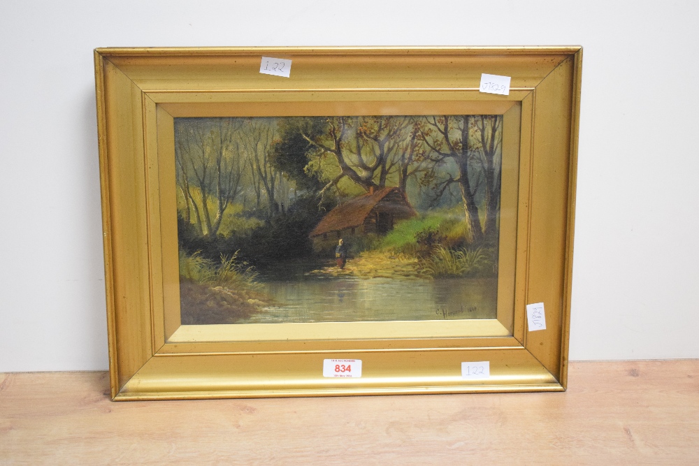 C Herbert (British 19th Century) Oil on canvas, depicting a woodland cabin, figure and pond, - Image 2 of 5