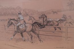 John Board (British 1895-1965) Graphite/Oil Pastel 'Badminton', a horse racing study, signed and
