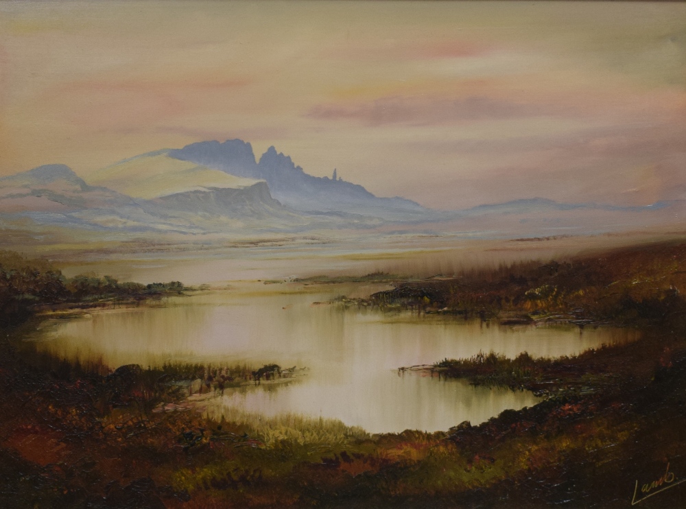 Leslie Lamb (Scottish 20th Century) Oil on canvas 'The Old Man of Storr, Isle of Skye', a