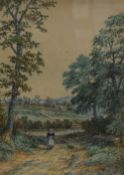 Albert Dunington (British 1860-1928) Watercolour, a woman with basket walking a country lane, signed