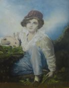 A 19th Century watercolour, a portrait of a young girl depicted seated on grass with a white rabbit,