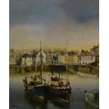 A 20th Century impressionistic oil on canvas, depicting fishing boats in a town harbour, signed