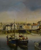 A 20th Century impressionistic oil on canvas, depicting fishing boats in a town harbour, signed